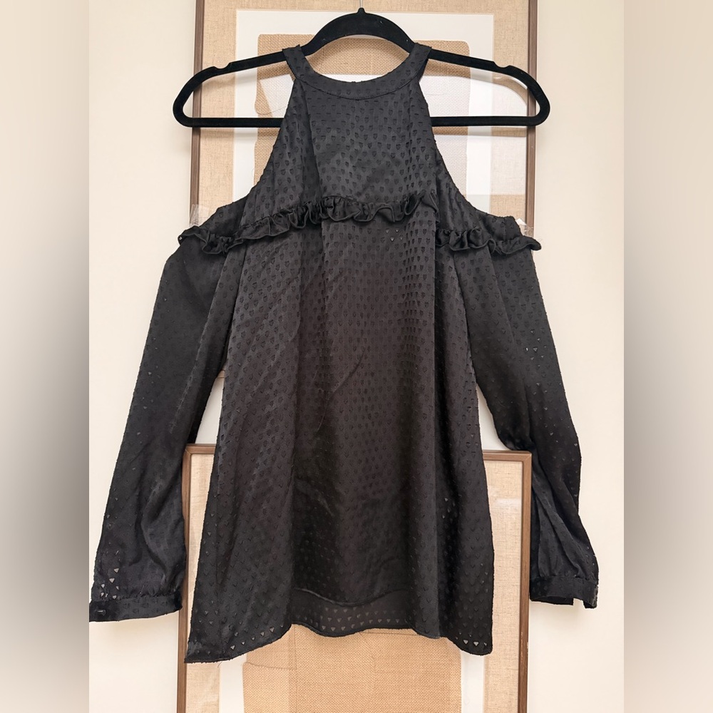 DREW Black Cold-Shoulder Ruffle-Trim Blouse NWT